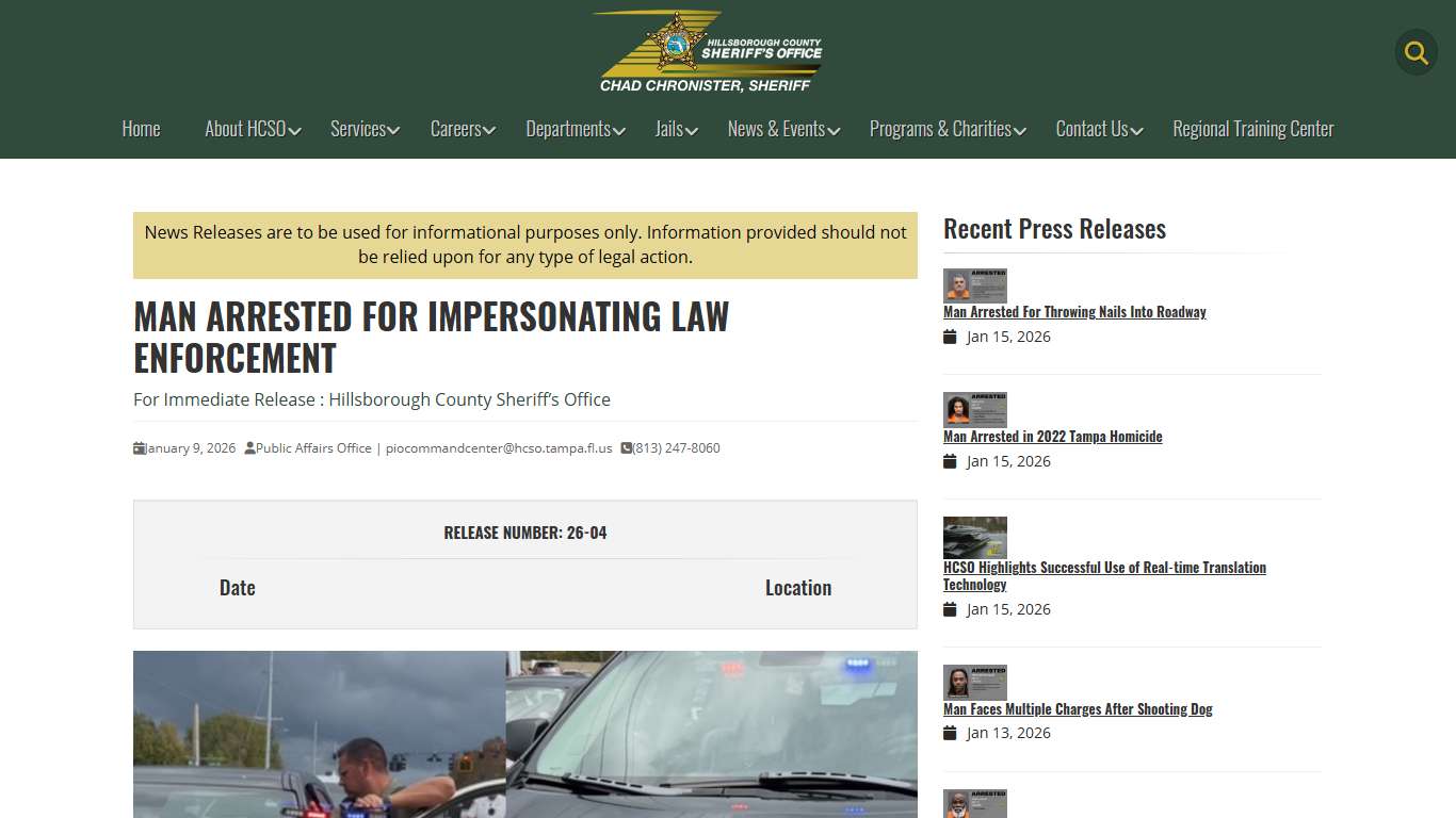 Man Arrested For Impersonating Law Enforcement | HCSO, Tampa, FL