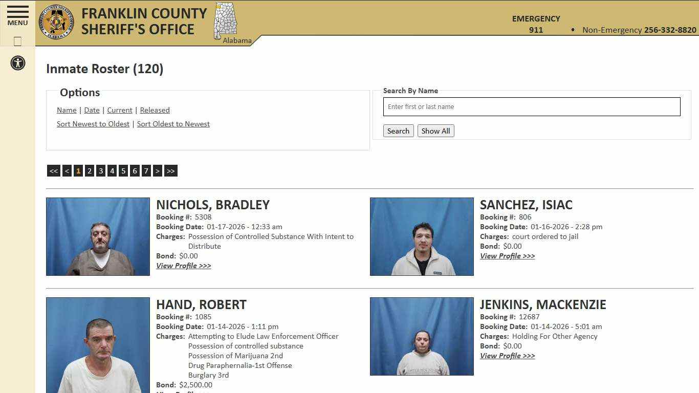 Inmate Roster - Current Inmates Booking Date Descending - Franklin County AL Sheriff's Office