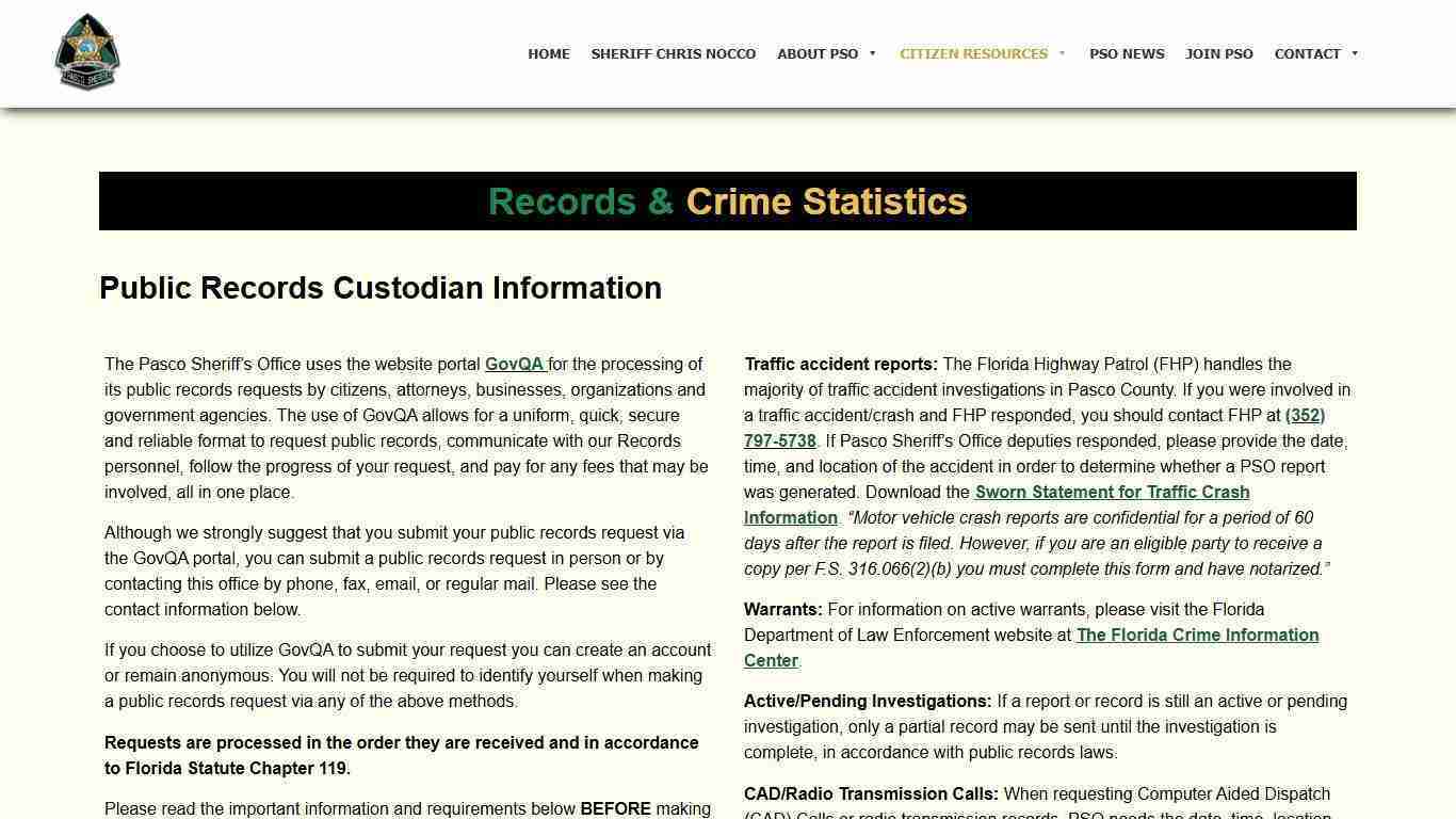 Public Records & Crime Statistics - Pasco Sheriff's Office